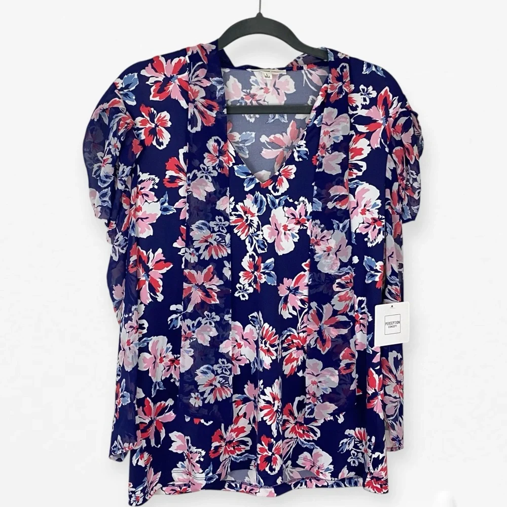 PerSeption Concept Blue Pink Tie scarf Front Ruffled Career v-neck Blouse top L - Picture 7 of 11